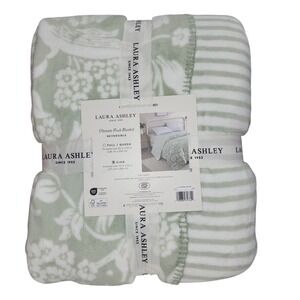 Laura Ashley King Plush Blanket Reversible Floral Stripe Sage Ivory Shabby Chic